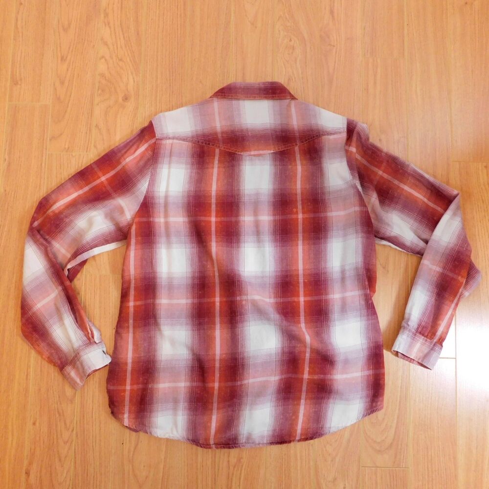 Maurices Shirt XL Plaid Brushed Cotton Pearl Snap Red Orange White Long Sleeve - Picture 4 of 16